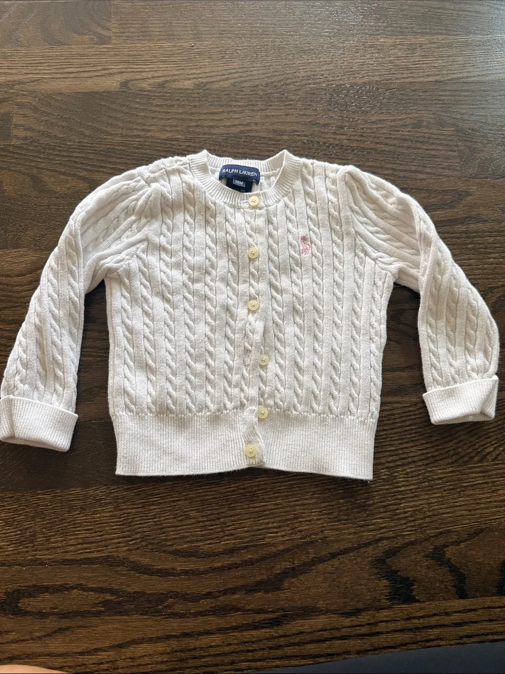 Ralph Lauren White Cable Knit Button Cardigan with Pink Pony